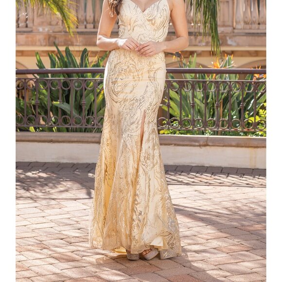 New Sequins Embellished Sheath Elegant Dress w/ Lace Up Back & Leg Slit DQ 4302 - Picture 9 of 9